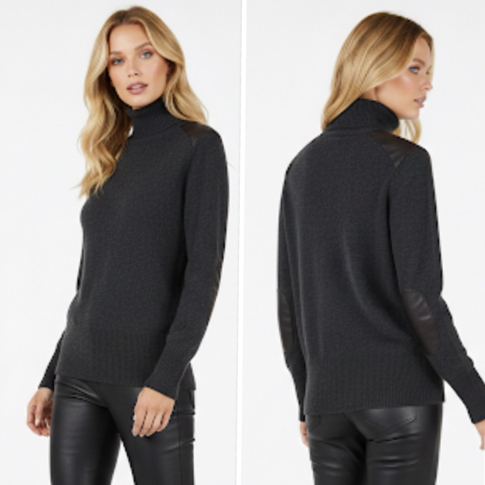 SEARLE 100% Cashmere Leather-Trim Shoulders & Elbows Turtleneck In Charcoal Sz M